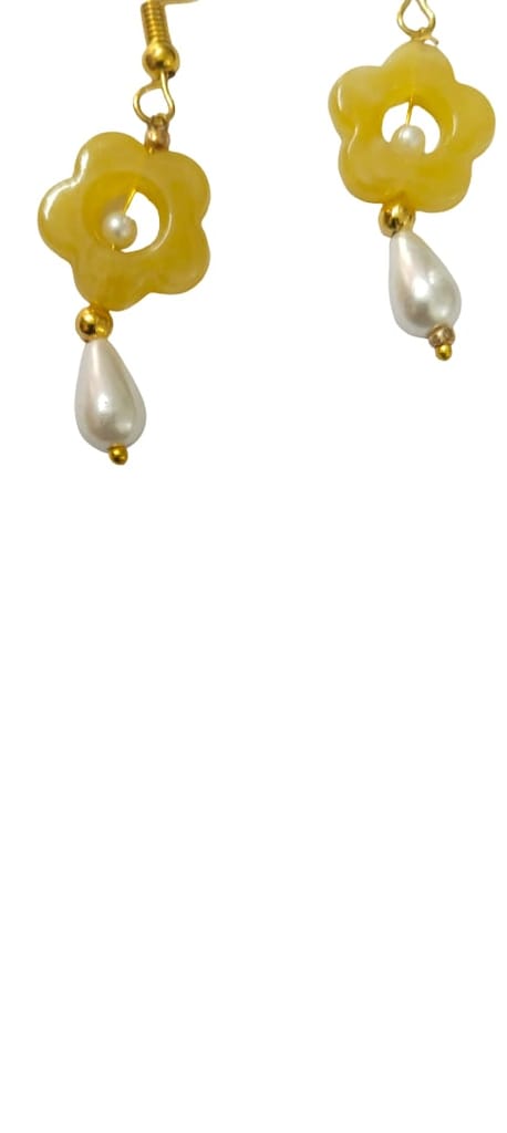 Yellow Floral Drop Earrings with Pearl Accents view 2