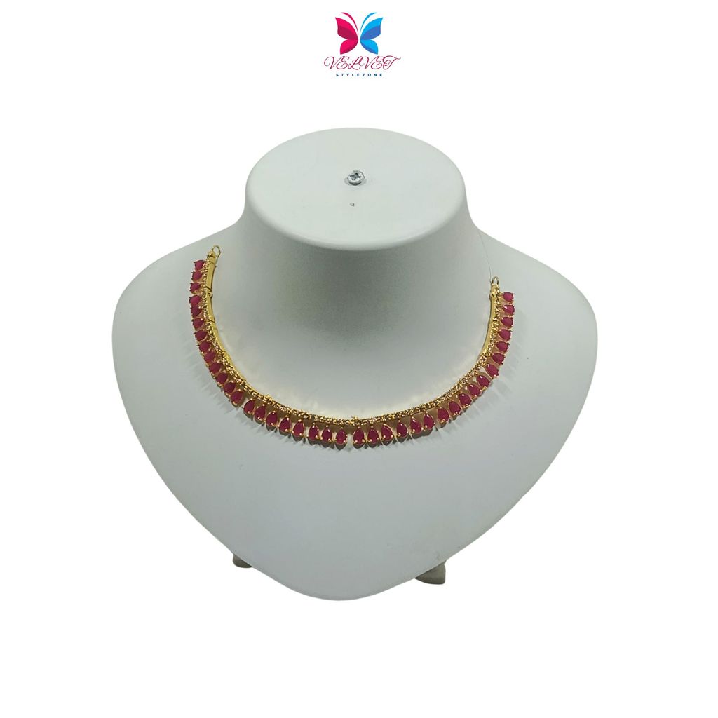 VELVET Luxury Handcrafted Gold Plated Necklace Set, White AD, Pink Stone view 2