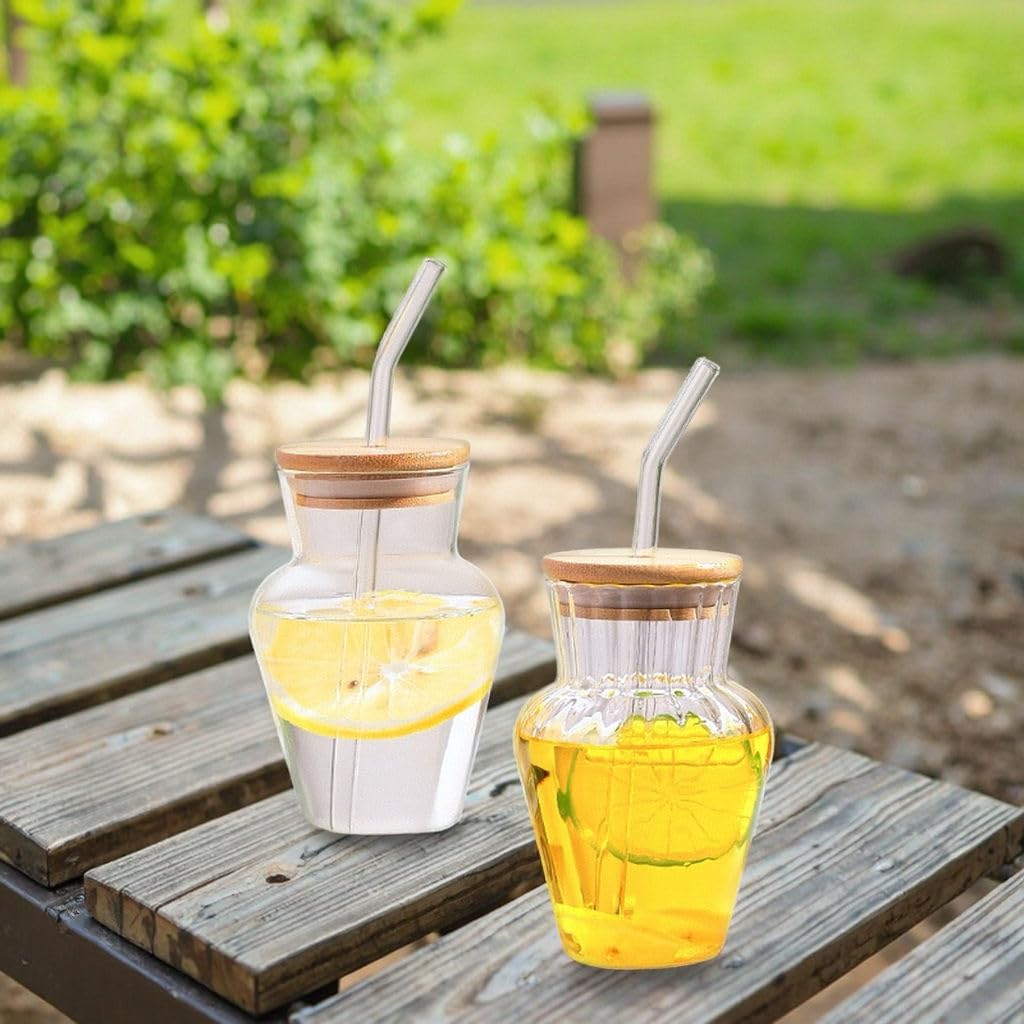 Juice & Water Sipper with Bamboo Lid and Straw, 440 ML, Set of 1, Glass Tumbler for Milkshakes, Coffee, Falooda and Mix Drink, Drinking Jar for Home, Office, Restaurant view 2