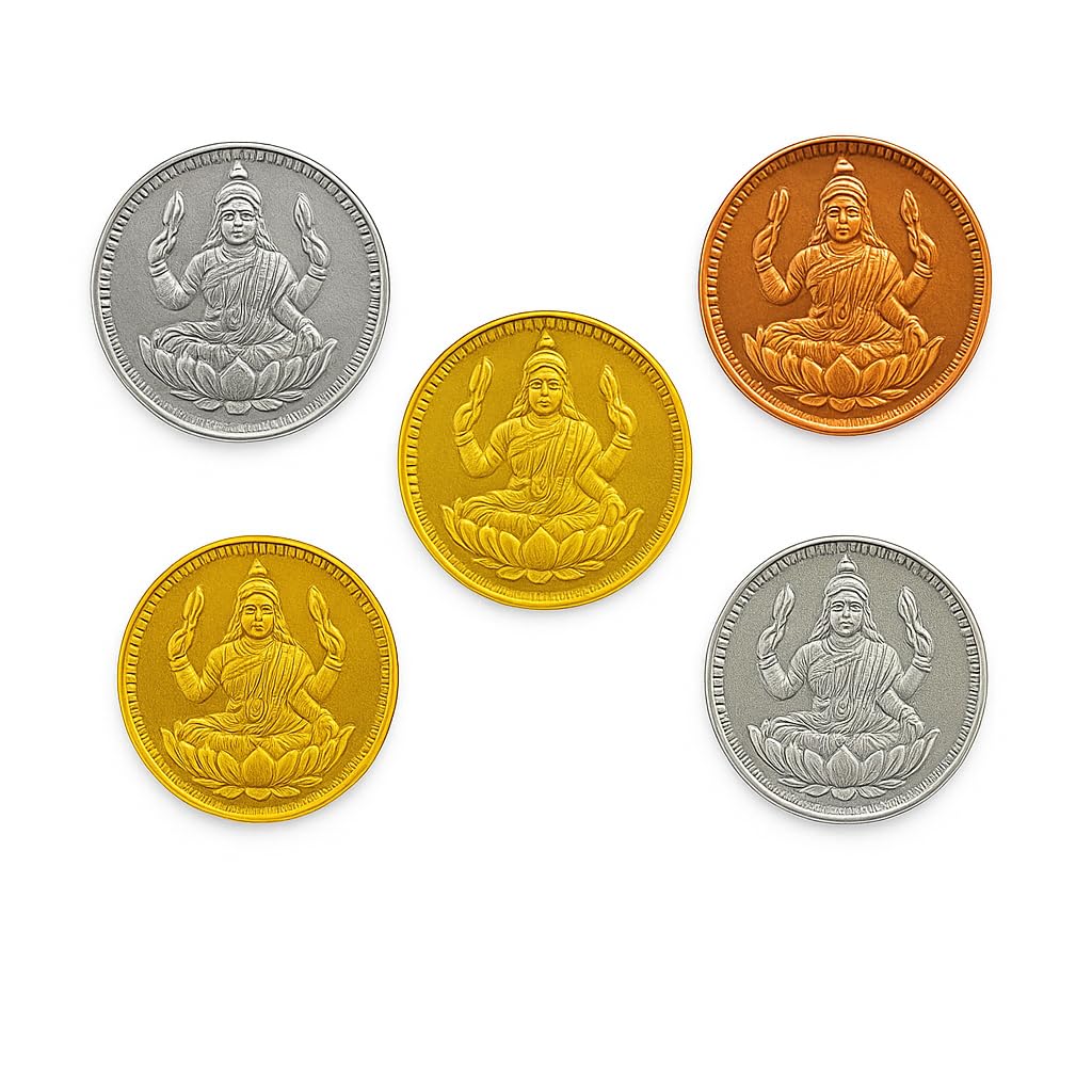 KARTHI7OCT STORE 15 Pieces of Lakshmi Coins | Very Small Size - 9 mm Diameter | Color - 6 Gold, 6 Silver, 3 Copper | Panchalogam Coin Set for Vastu Pooja | Vasakal Pooja | Panchaloha | ??????? Puja view 2
