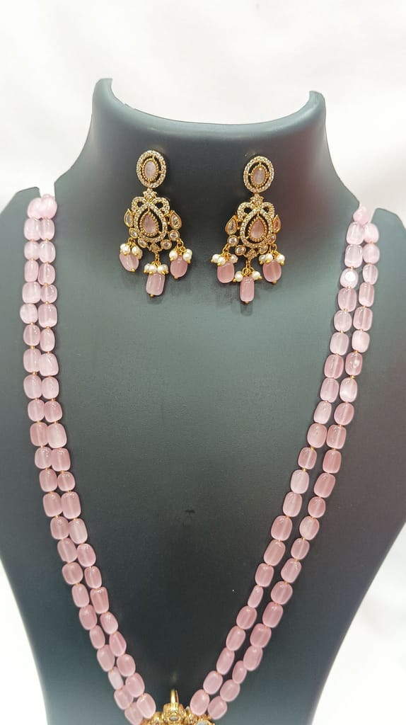 Pink Stone Necklace Set with Golden Pendant and Earrings view 2