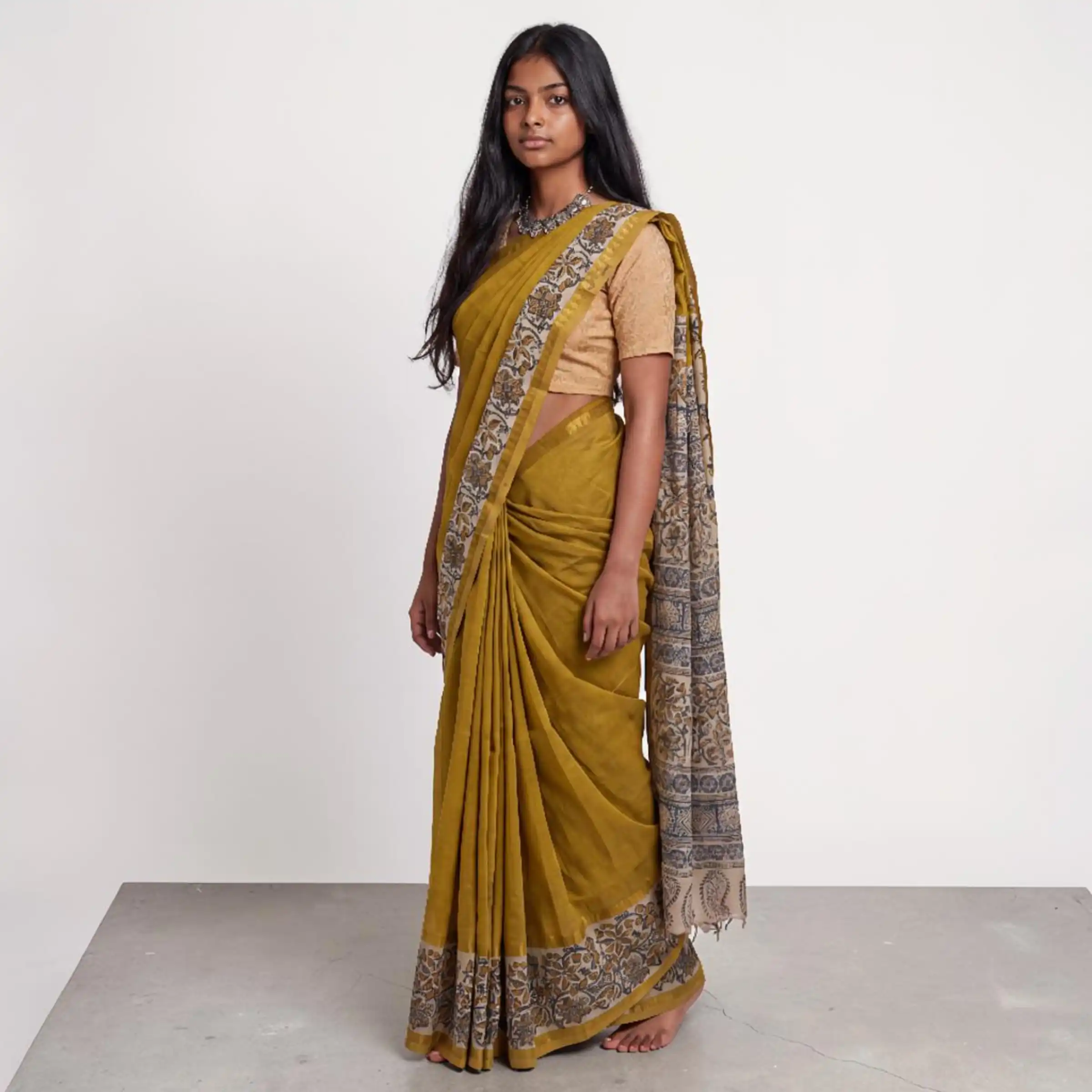 Pedana Kalamkari Block Print Saree Mustard Yellow view 2