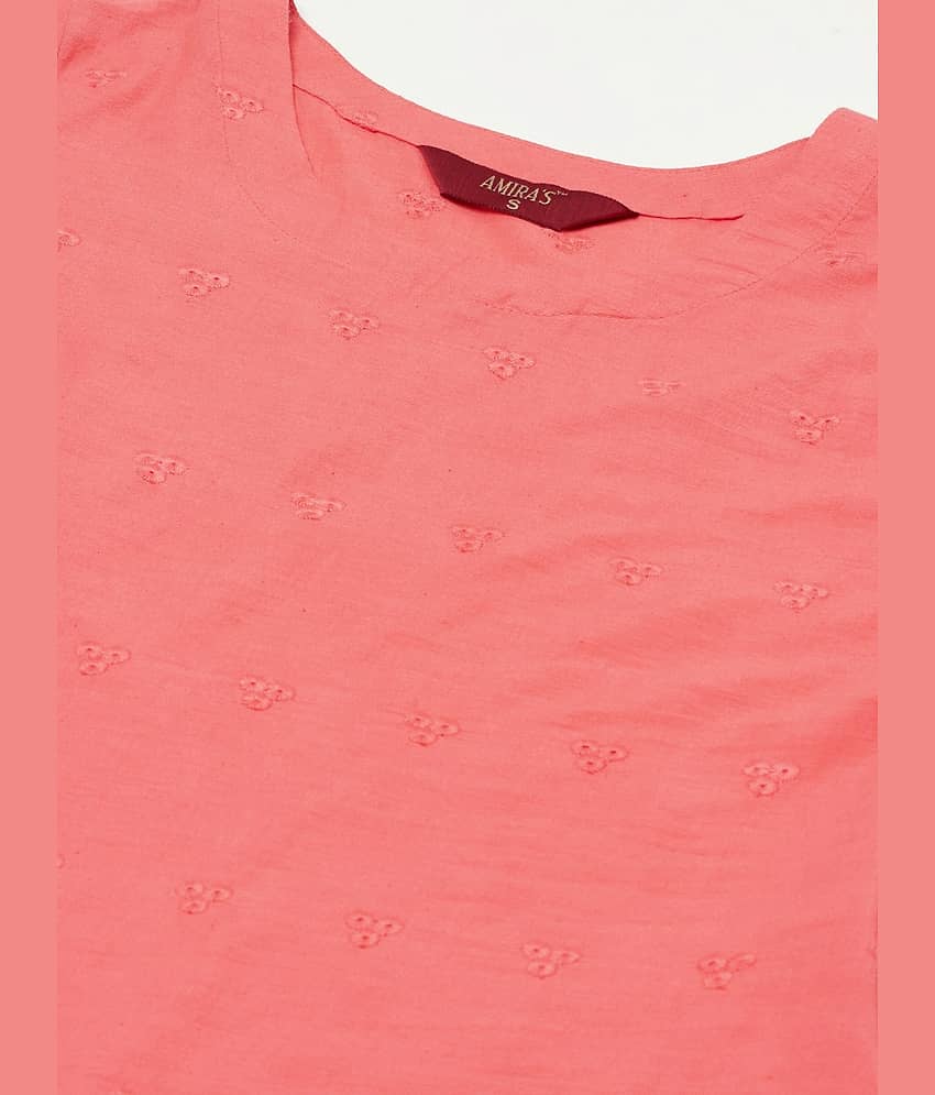 AMIRA'S INDIAN ETHNICWEAR Cotton Embroidered Straight Women's Kurti - Peach ( Pack of 1 ) view 2