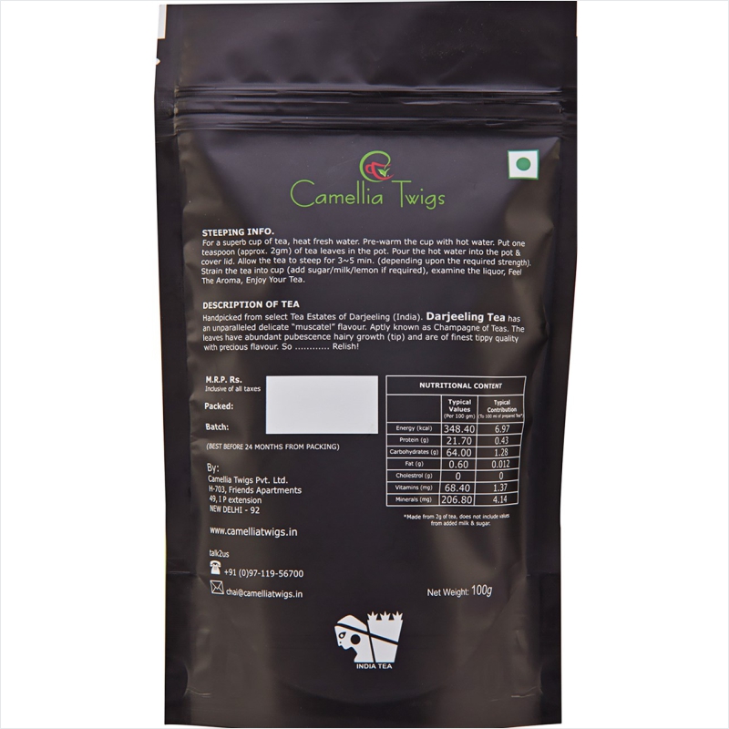 Camellia Twigs Tippy Muscatel Summer Flush Darjeeling Loose Leaf Black Tea with No Preservatives and Low Caffeine, 100 g Pouch view 2