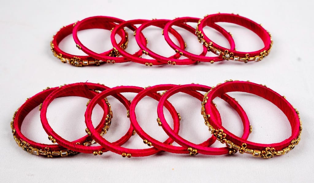 Set of 16, Pink Silk Thread Bangle with Rhinestone view 2