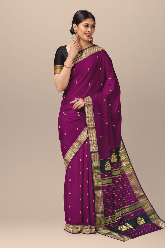 Purple Handwoven Sausar Silk with Zari Border and Black Buta Pallla Saree SKU- BS10125 view 2