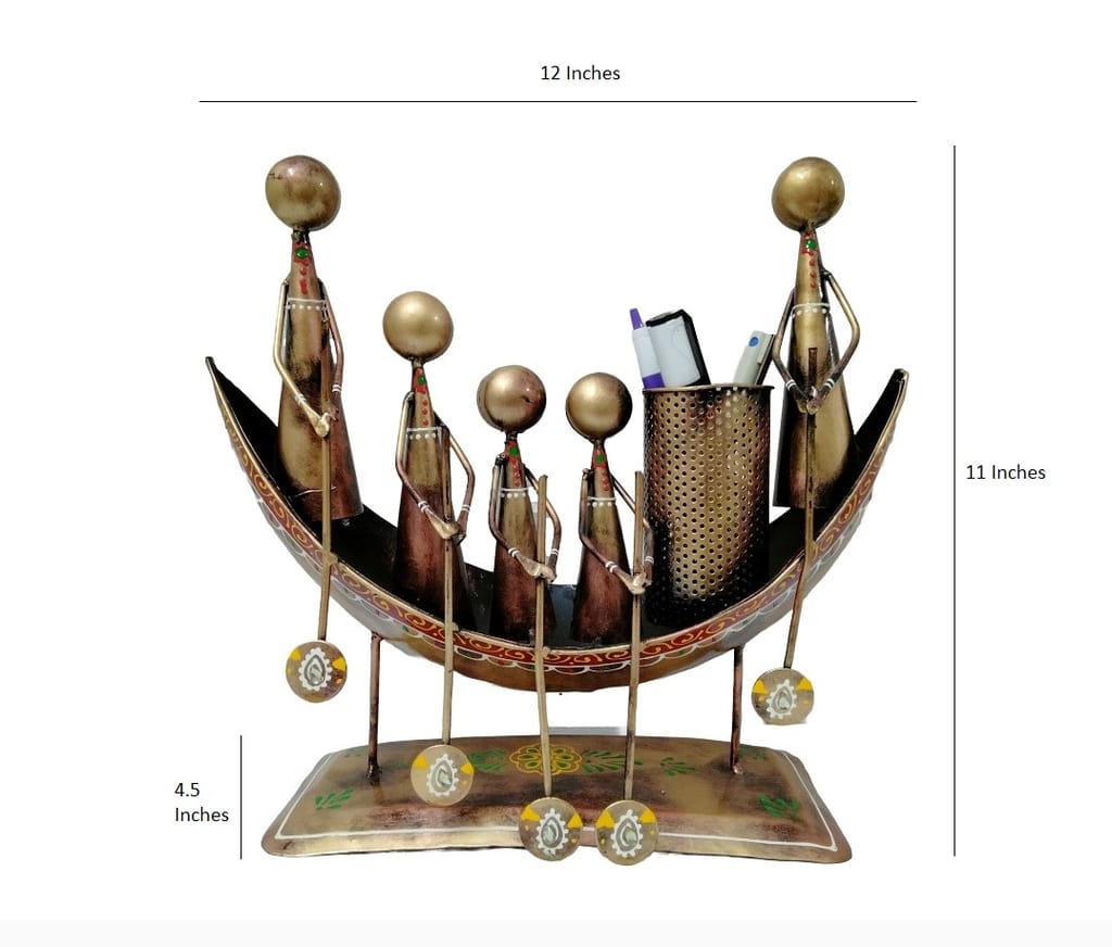 Handmade Antique Home decor Emboss Painting Boat Shape 5 Man Metal Pen & Pencil Stand view 2