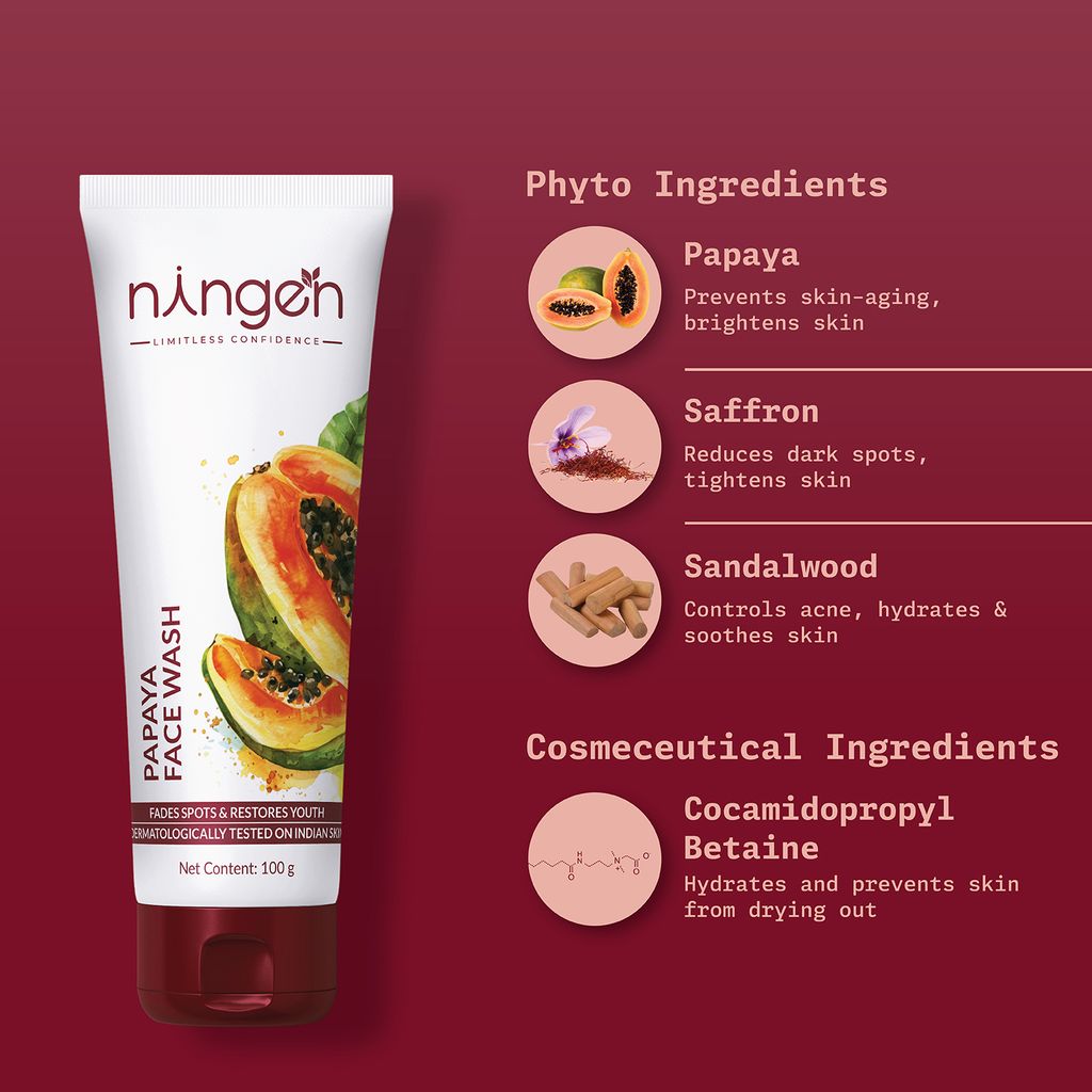 Ningen Papaya Face Wash I Enriched with Saffron and Sandalwood I Irritation Free, Paraben Free I Treats Dryness, Itching & Pollution allergy I 100g, White view 2