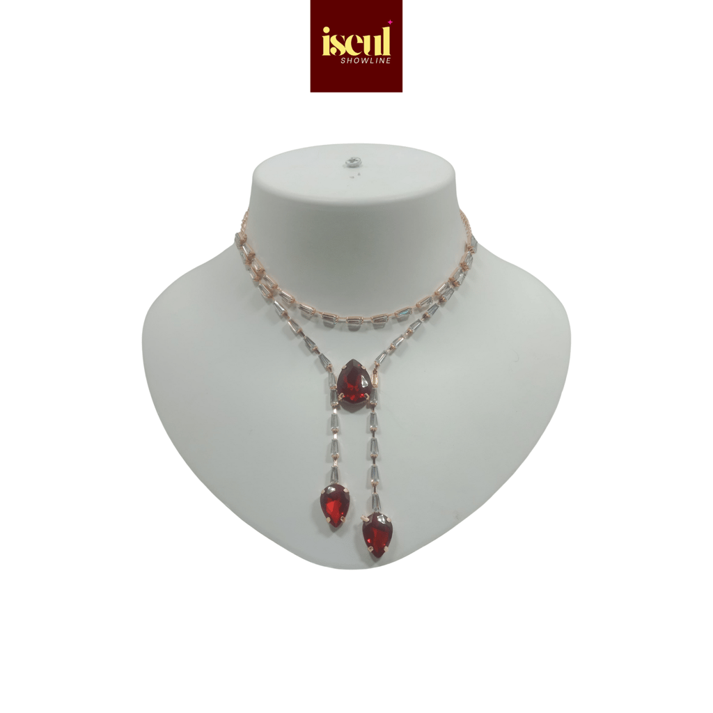 Iseul Showline - Luxury Handcrafted Rose Gold Short Necklace Set with Heart Shape Pendant, matching Earrings, Red view 2