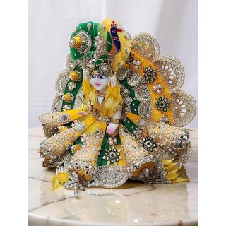Designer Laddu Gopal Poshak with Peacock Feather Mukut | Green Yellow Bal Gopal Heavy Dress view 2