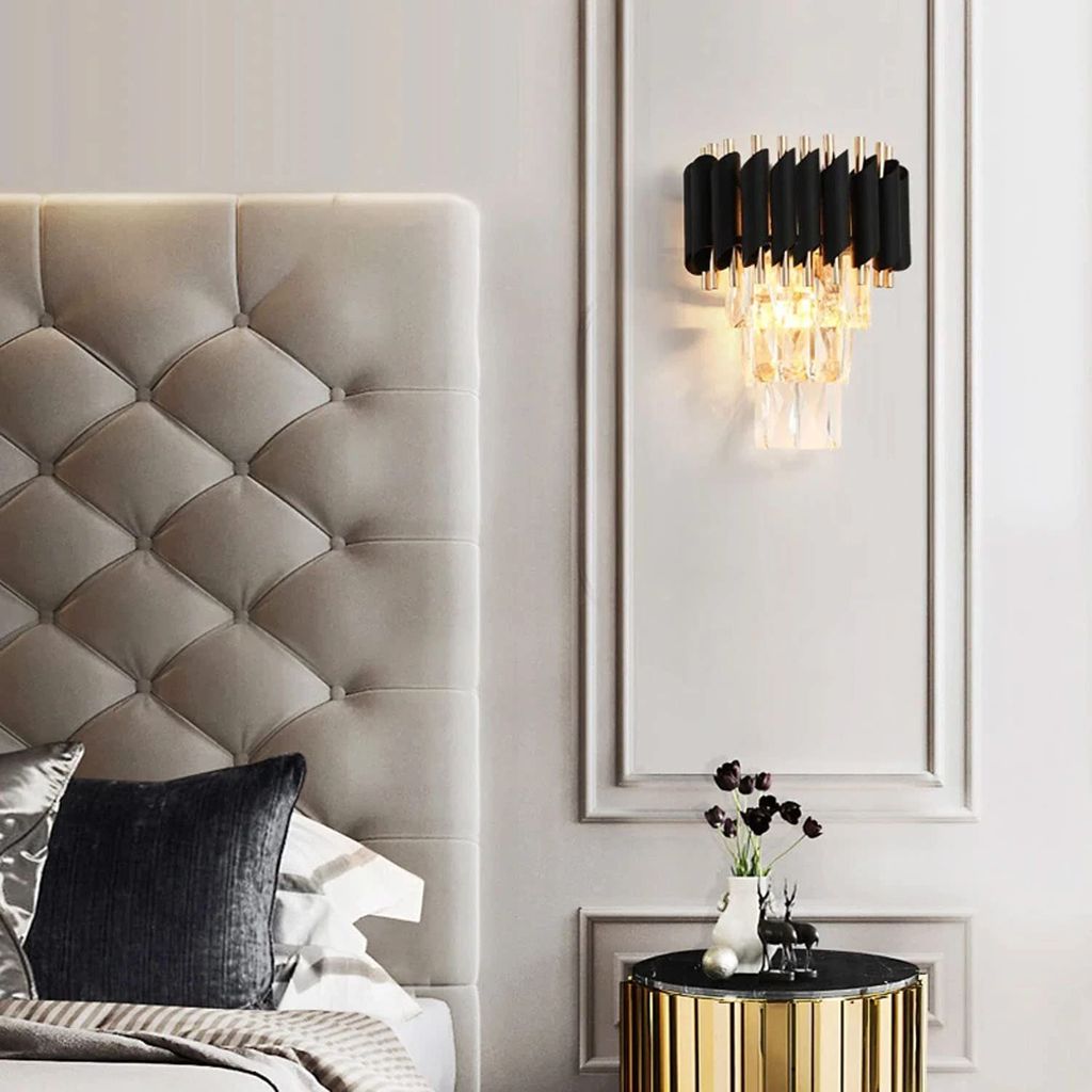 SPARKWORLD Black Mamba Tiered Crystal Wall Sconce Modern Black & Gold Metal Wall Lamp with Cascading Glass Prisms | Size: 24X41 cm view 2