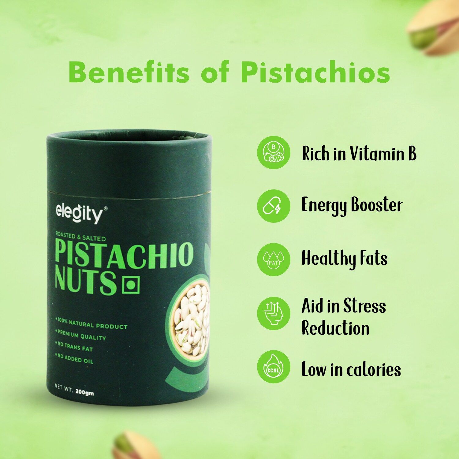 Elegity California Salted Pistachios Papertube 200 gm | Namkeen Pista Dry Fruit | Crunchy, Tasty & Healthy | Rich in Fibre & Protein | No Added Preservatives & Colour in Nutritious Nuts