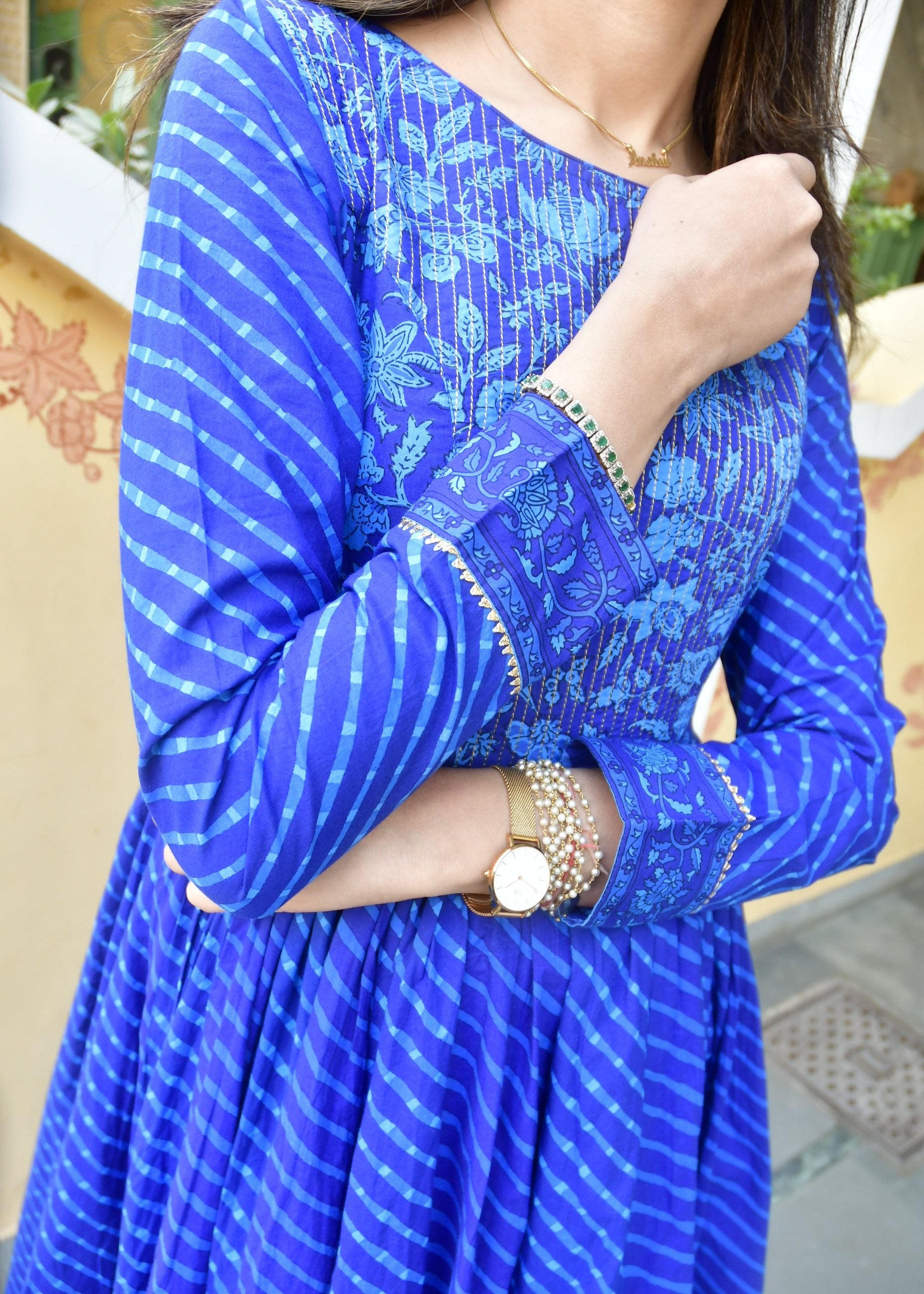 Royal Blue Lehariya Anarkali Handblock : Traditional view 2