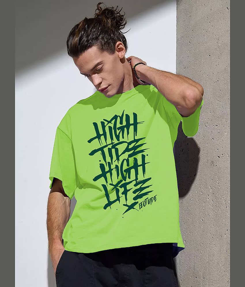 Leotude Cotton Blend Oversized Fit Printed Half Sleeves Men's Round T-Shirt - Green ( Pack of 1 )