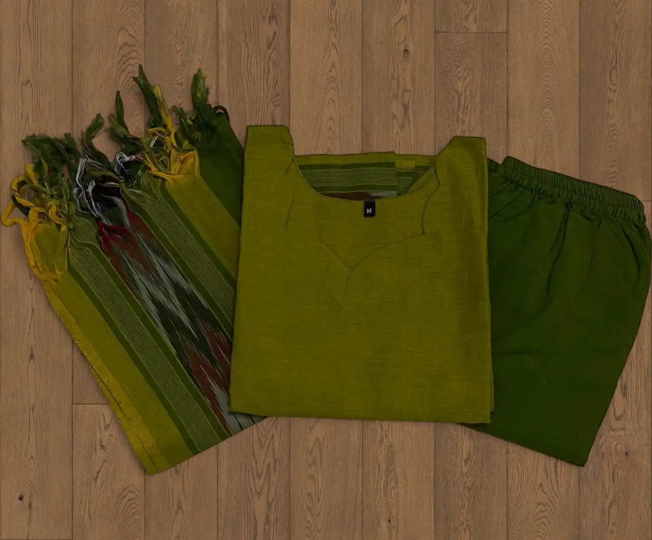 Mangalagiri Cotton 3-Piece Kurta Set in Mehendi Green view 2