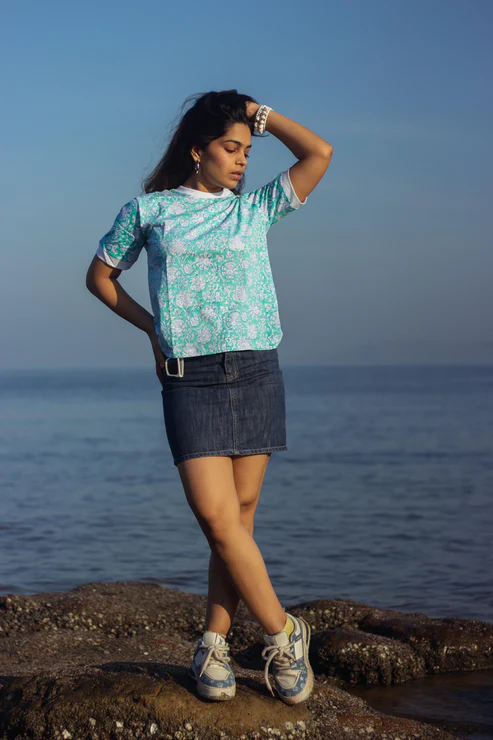 Block Printed T-shirts - Floral Teal view 2