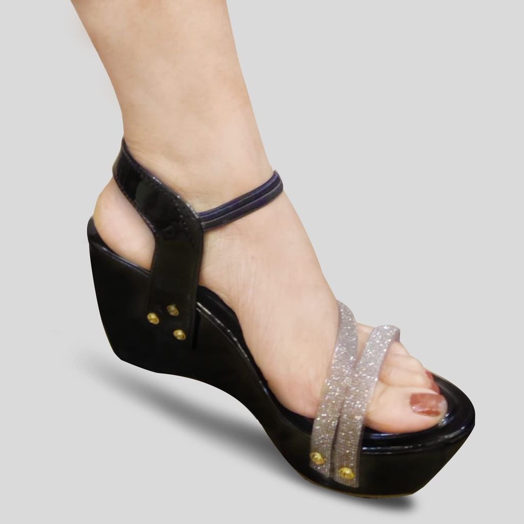 Black Embellished Shimmer Synthetic Comfortable and Stylish Block Wedding Heels Slip On | for Casual Wear, Party and Formal Wear Occasions 3 Inches Heel | for Women & Girls (Numeric_5) view 2