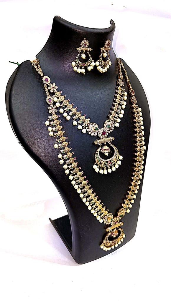 Stunning Antique Gold Plated Coin Necklace Set with Pearls and Green Stones view 2