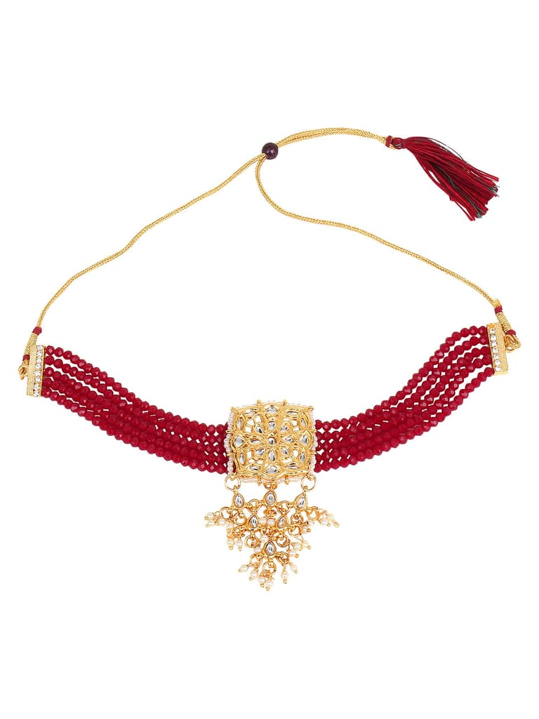 Cardinal Maroon Color Onyx Multistring Brass Gold Plated Choker Necklace Set view 2