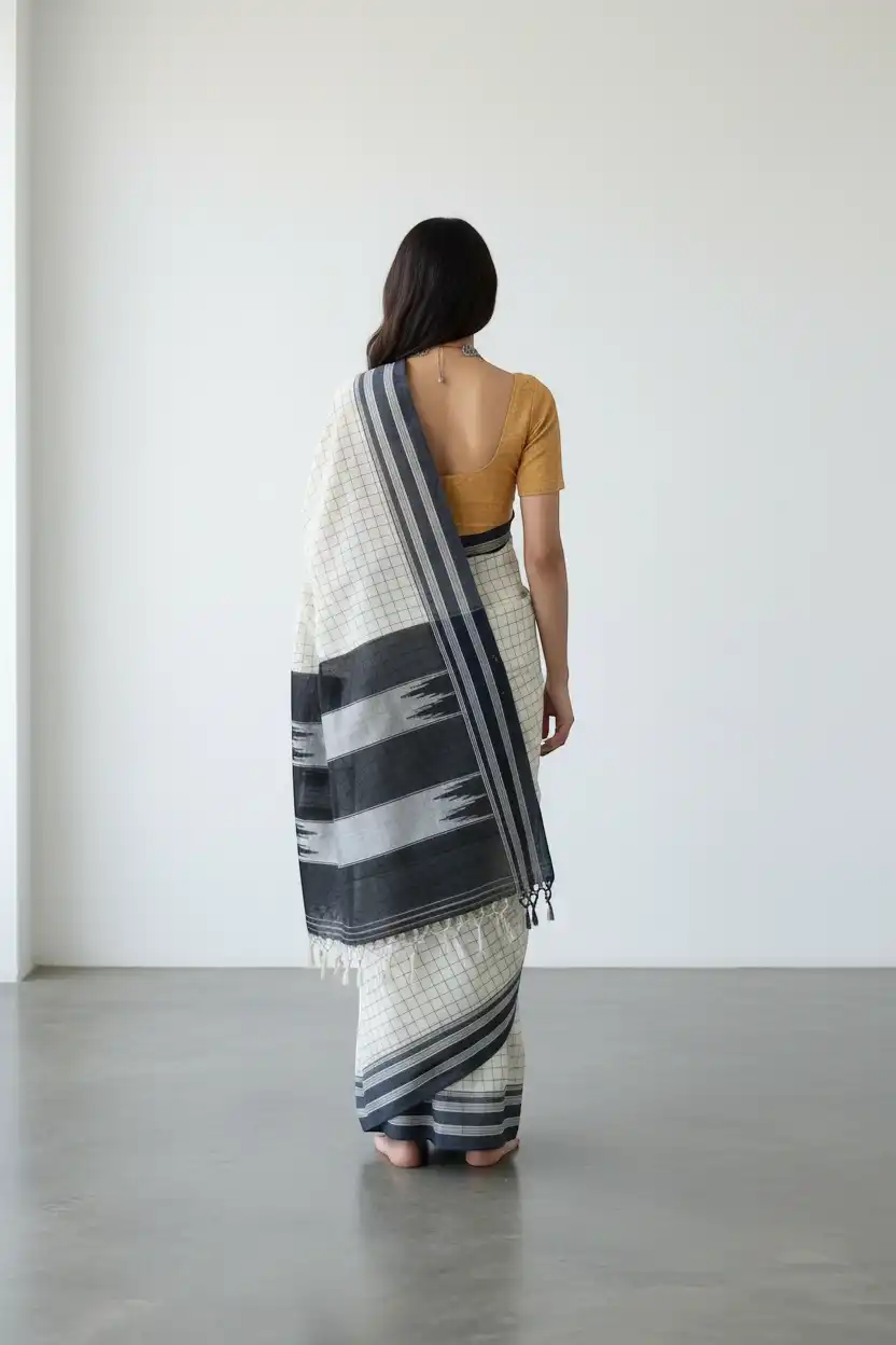 Handwoven Ilkal Saree in White Checks with Striped Borders view 2
