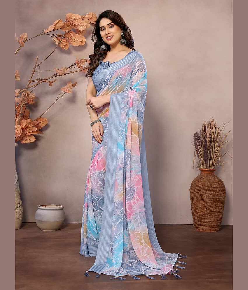 VEDANT VASTRAM Georgette Printed Saree With Unstitched Blouse Piece ( Pink ) view 2
