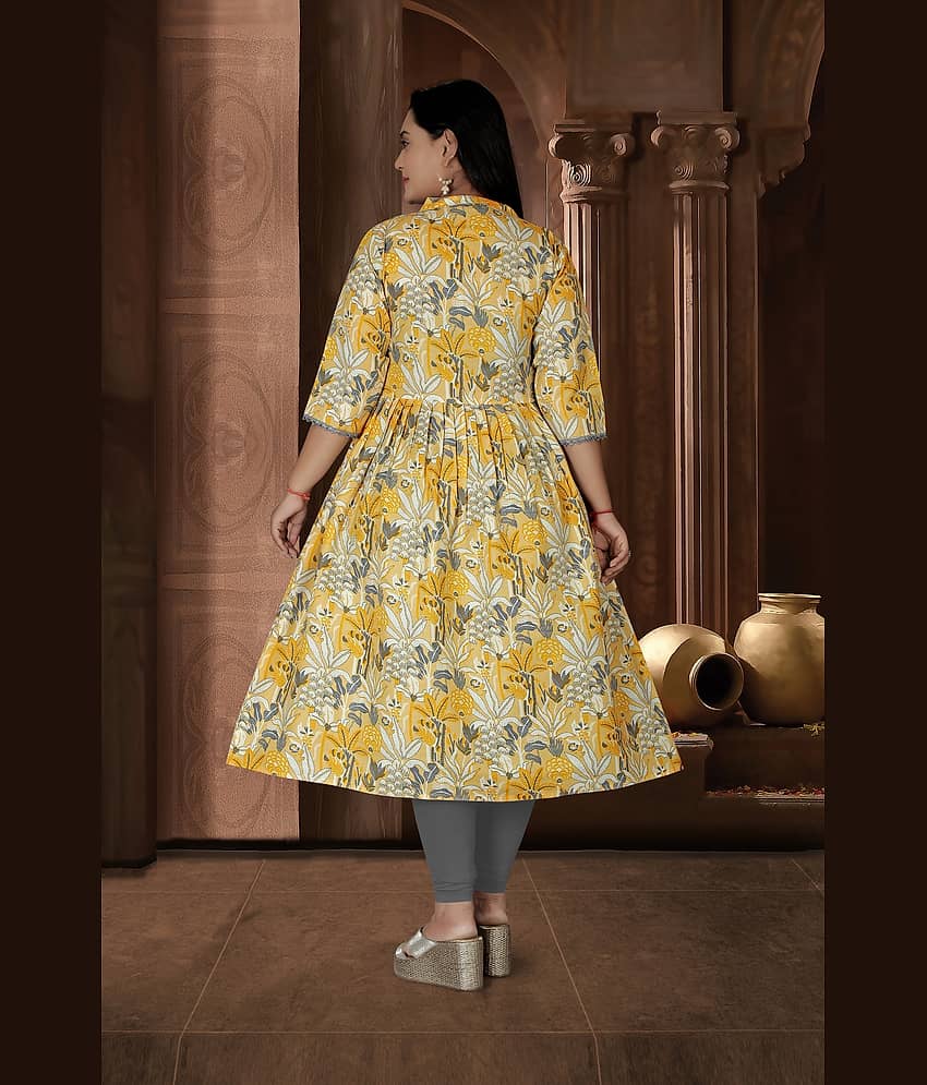 RIAANA Women Cotton Printed Anarkali Kurti ( Yellow ) view 2