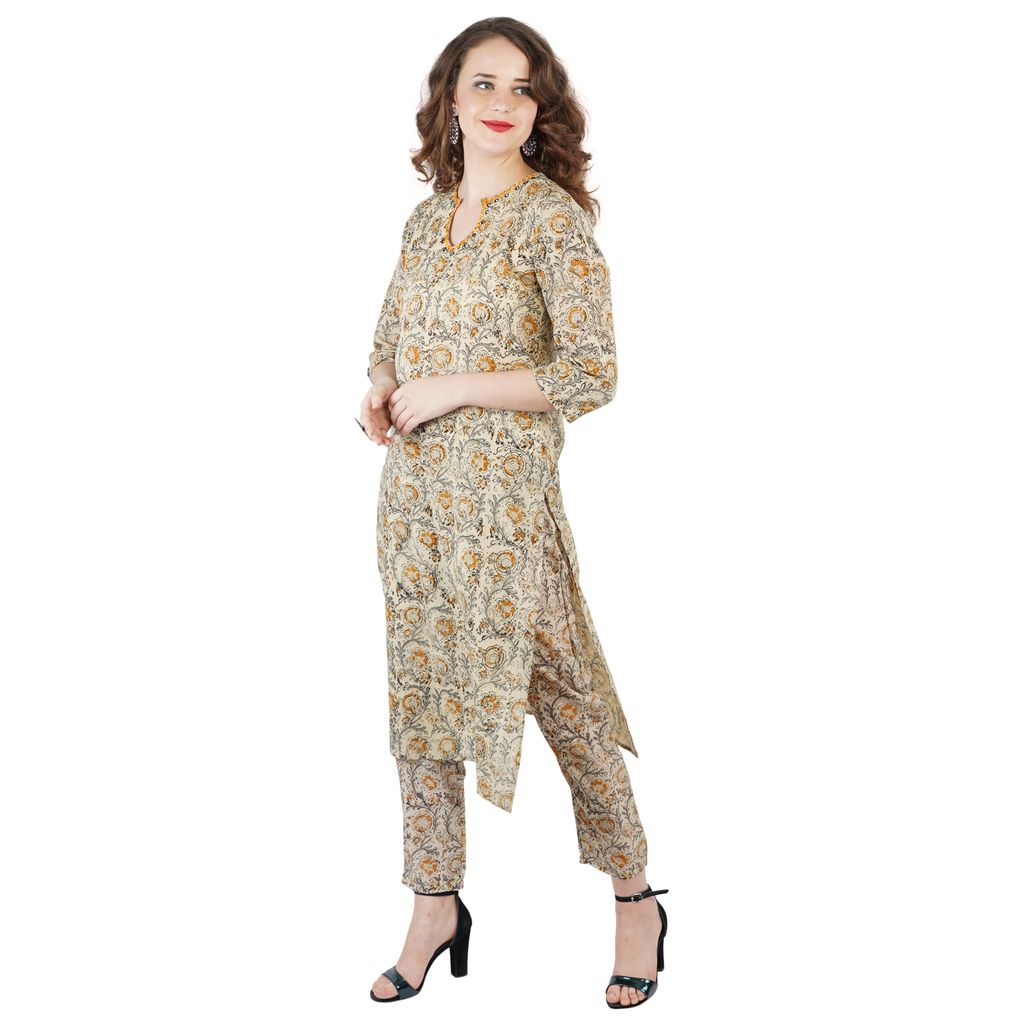 Multi Color Cotton Block Printed Kurti Pant Set view 2