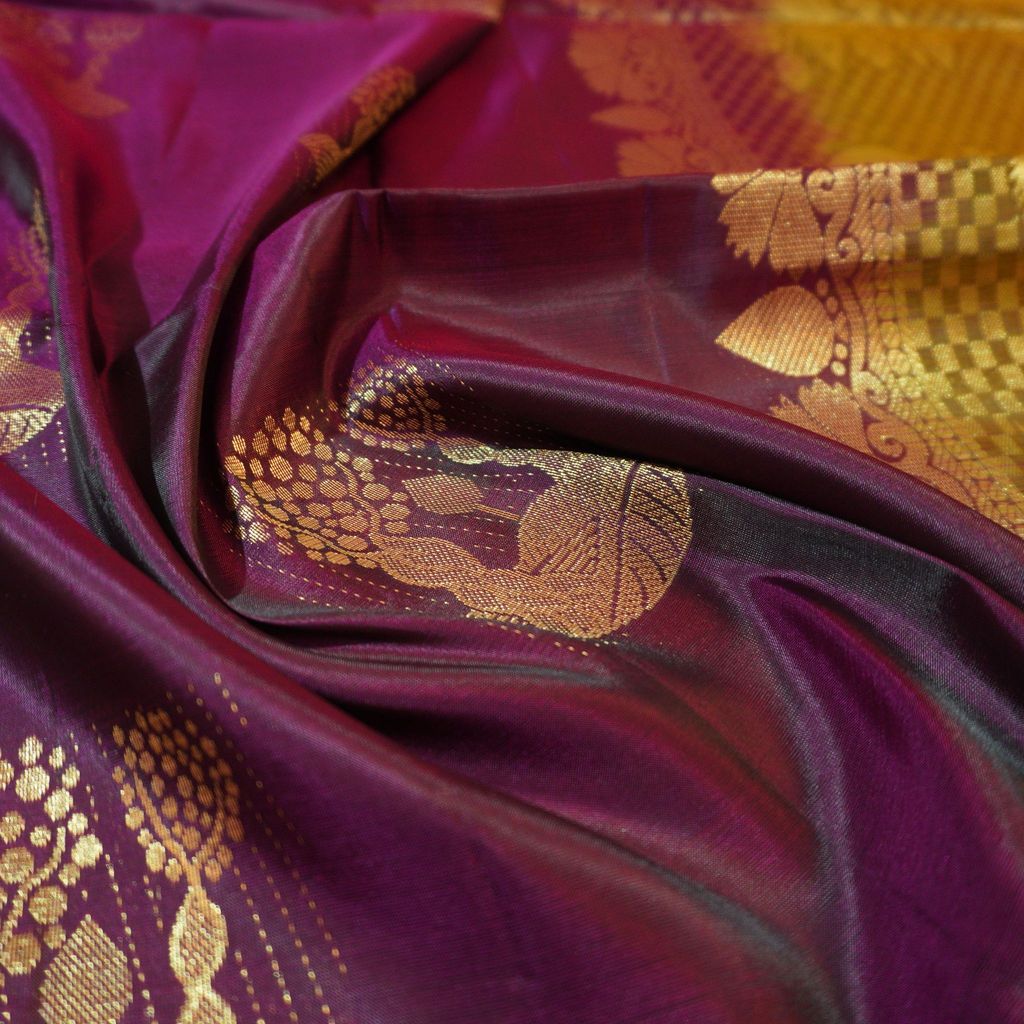Purple Kanchipuram Soft Silk Saree with Olive Green Pallu view 2