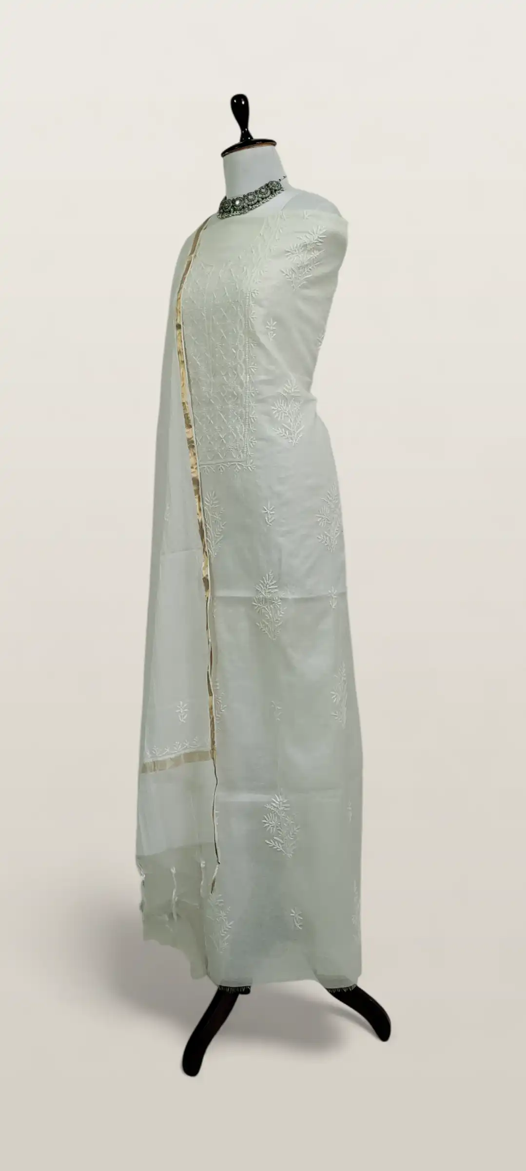 Chikankari Mul Chanderi Dress Material Ivory Zari Dupatta view 2