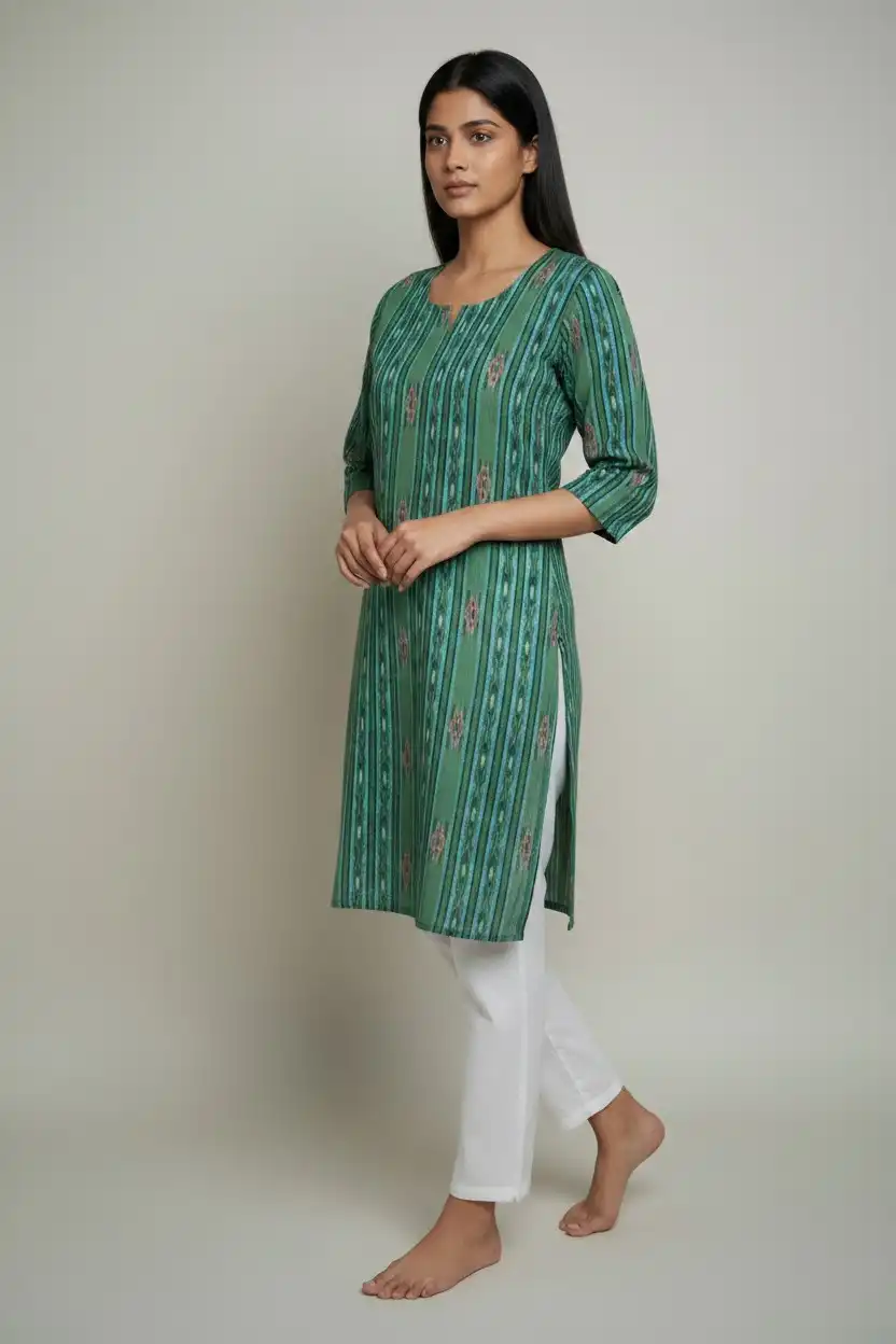 Sambalpuri Ikat Green Cotton Kurti view 2