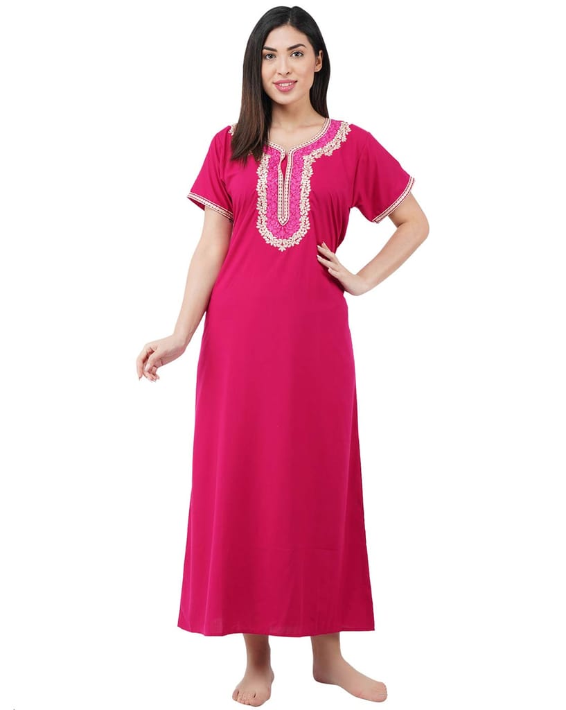 KOI SLEEPWEAR Premium Women White Contrast Embroidery Night Gown Lizzybizzy Cotton Nighty Maxi (X-Large, Pink)�