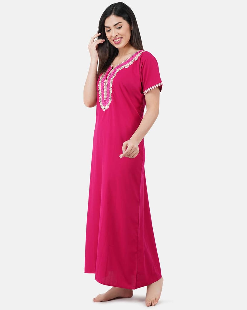 KOI SLEEPWEAR Premium Women White Contrast Embroidery Night Gown Lizzybizzy Cotton Nighty Maxi (X-Large, Pink)� view 2
