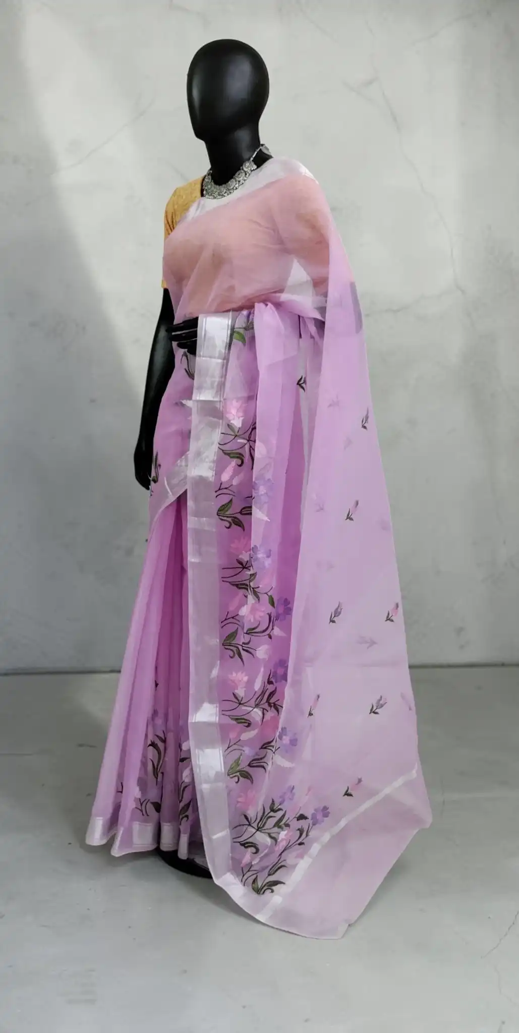 Lavender Kota Doria Saree with Zari Border and Block-Printed Floral Motifs view 2