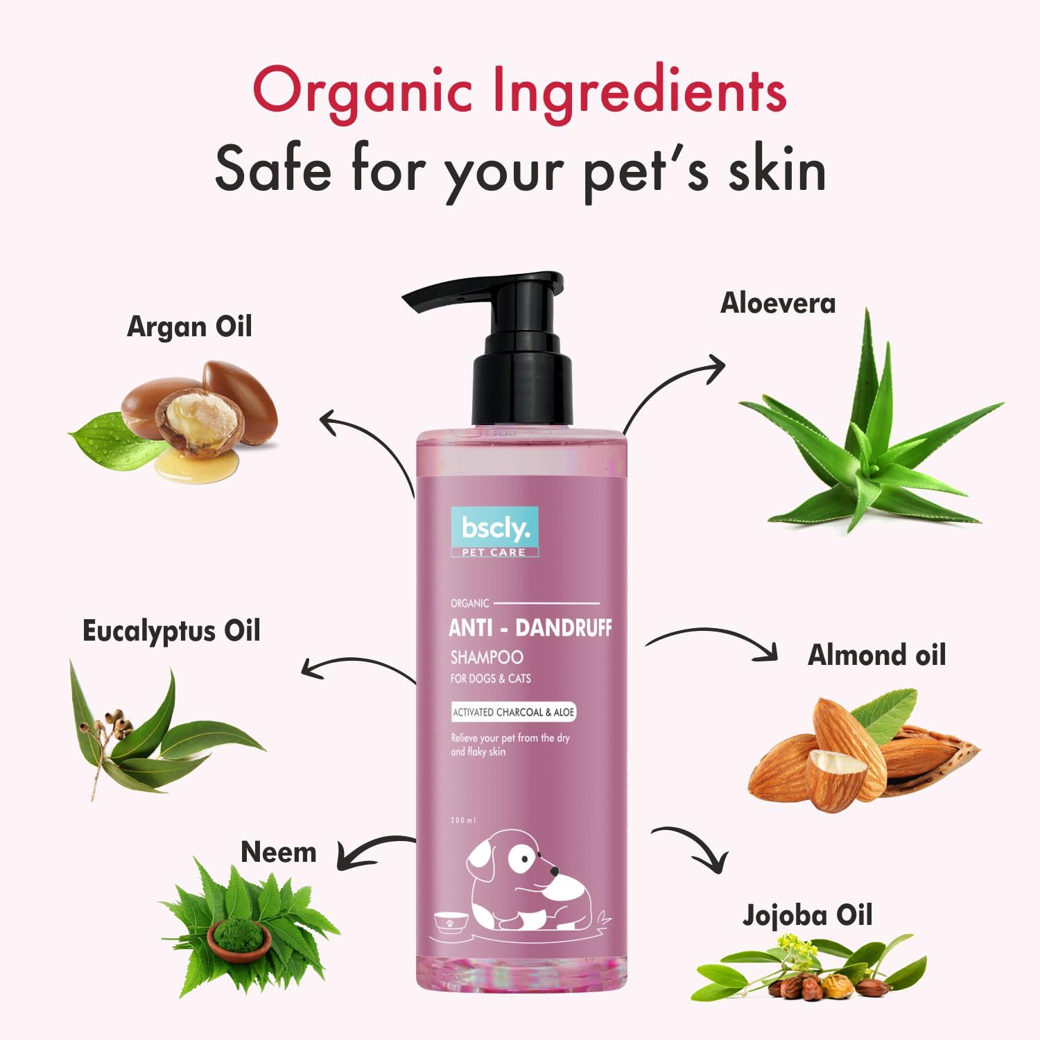 Bscly Anti Dandruff Dog Shampoo with Activated Charcoal & Aloe | Dog Shampoo for Pomeranian, Shih tzu Puppy, German Shepherd, Labrador & Golden Retriever, Dogs Shampoo, 200 ml view 2