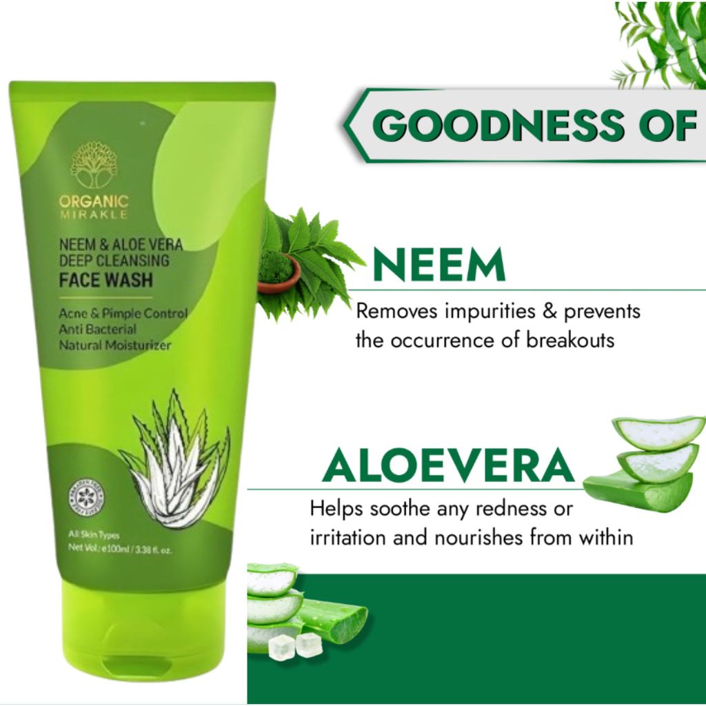 Mirakle Aloe Vera Gel Neem & Tea Tree Face Wash 100 ml each For Deep Cleansing & Acne Care Face Wash Pack of 2