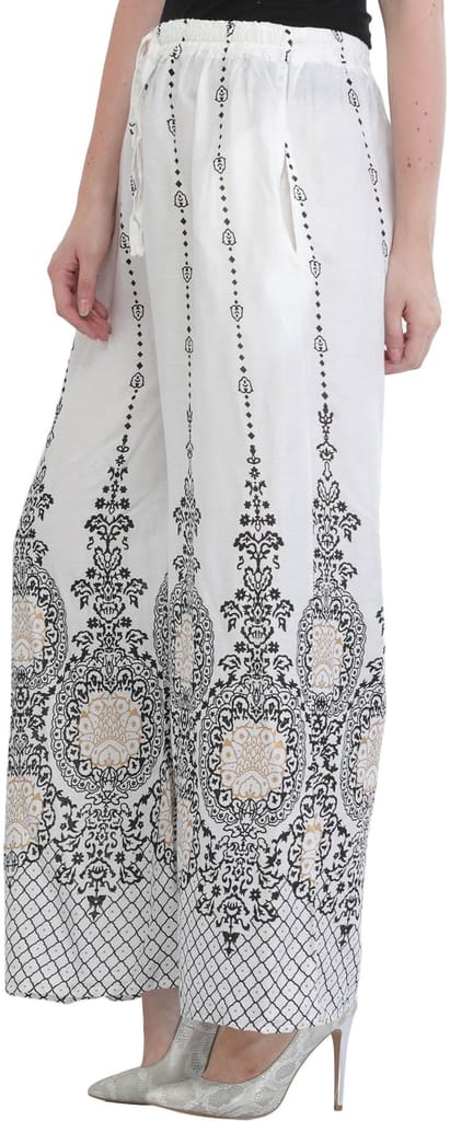 Egret-White Casual Yoga Trousers with Golden Floral Print view 2