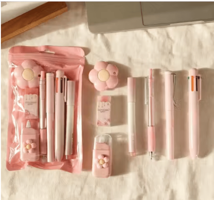 6 Pcs Flower Themed Pink Stationery Set - Eraser, Tape, Pens view 2
