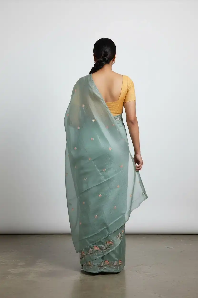 Sea Green Kota Doria Cotton-Silk Saree with Block Print Buti and Zari Border view 2