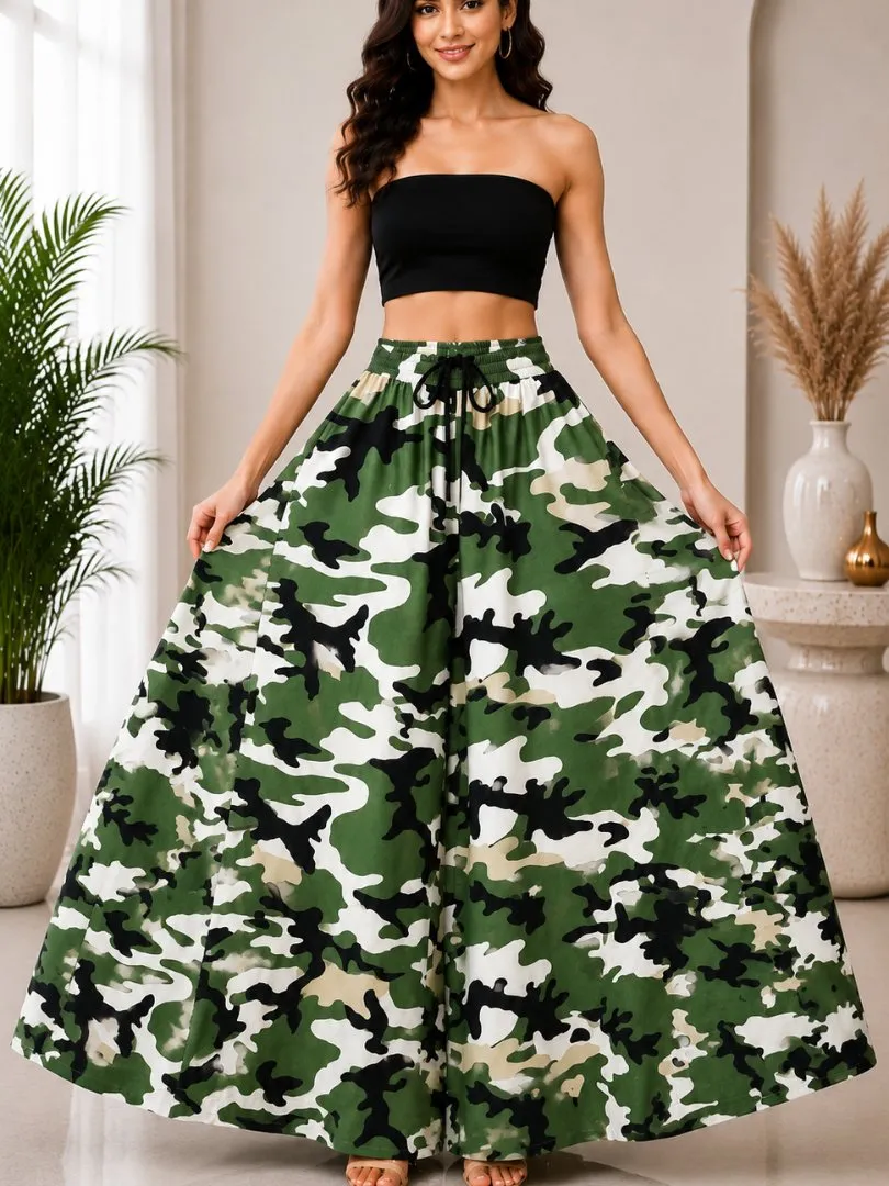 Women's Smocked Military Camo Palazzo | Free Size 28 to 42 | Flared Green Pants view 2