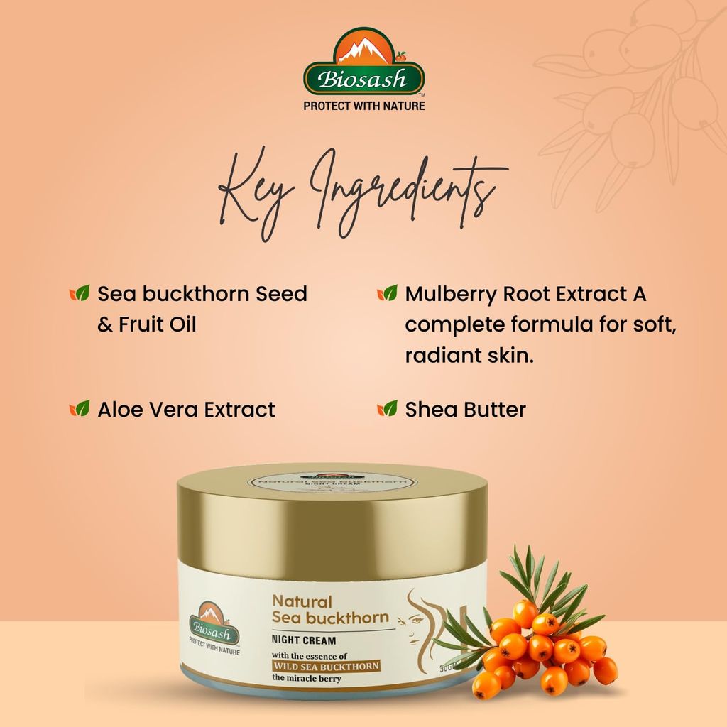 Biosash Natural Seabuckthorn Night Cream 50g – Hydrating & Revitalizing Moisturizer for Face, with Organic Seabuckthorn Oil, Vitamin C & E, Anti-Aging Formula view 2