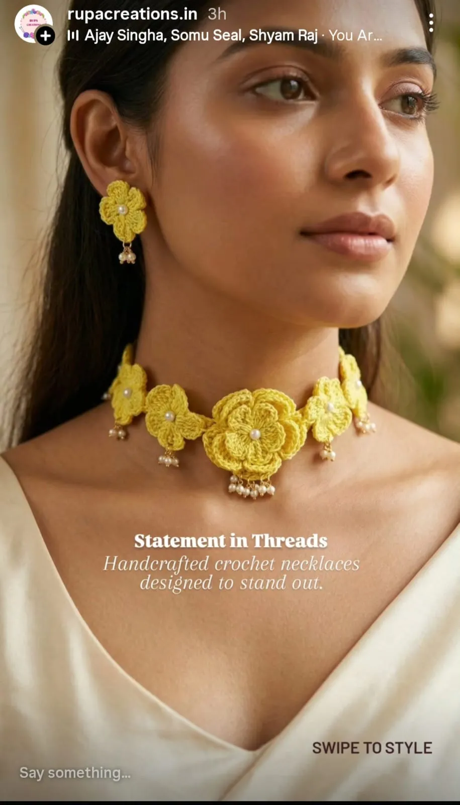 Bridal necklace set.Yellow colour thread flower with white lariya necklace earrings finger ring view 2