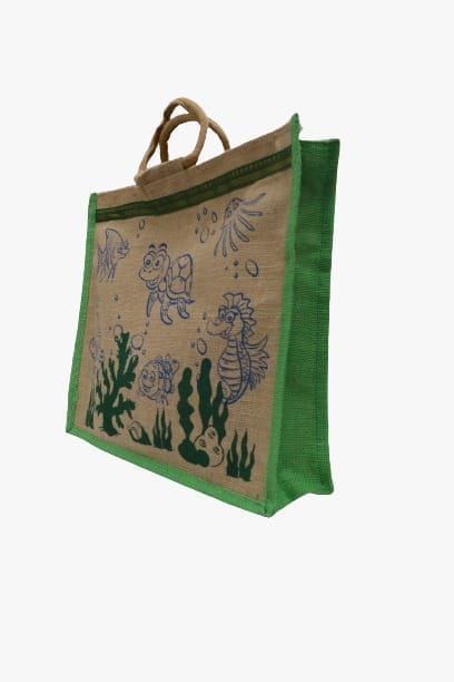 PALAK SAXENA Jute Bag for Shopping - Printed Jute Bag | Eco Friendly Bags for Shopping - Cute & Quirky Collection (Tortoise, Fish - Green) view 2