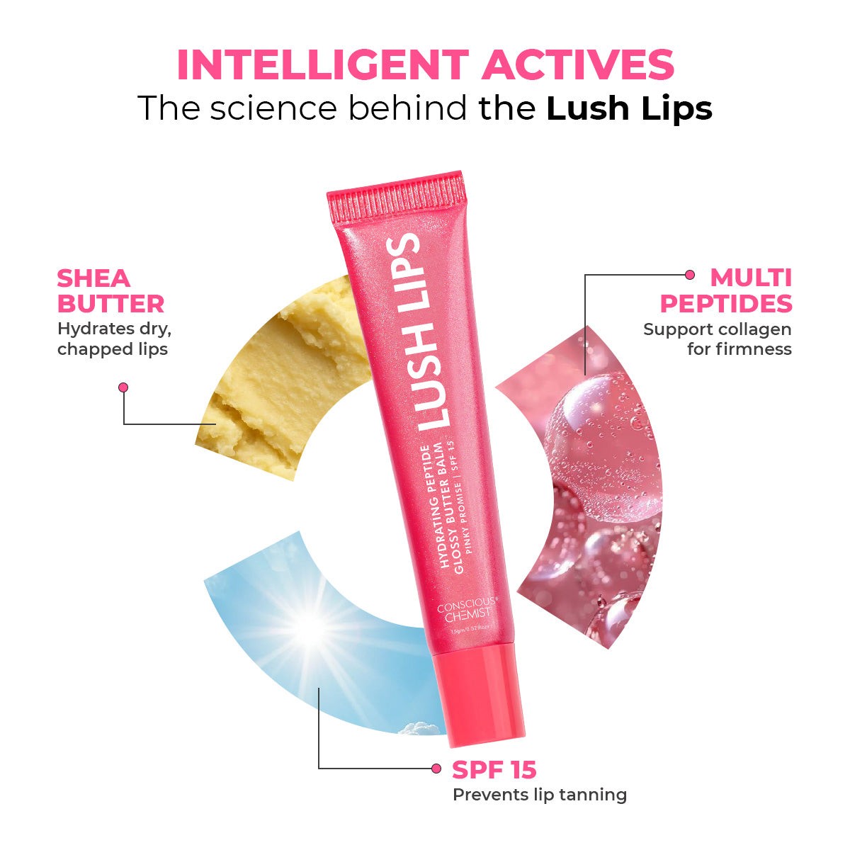 Conscious Chemist Peptide Lip Balm SPF15, Lush Lips for Dry & Chapped Lips, Pinky Promise Pack of 1 - 15g view 2