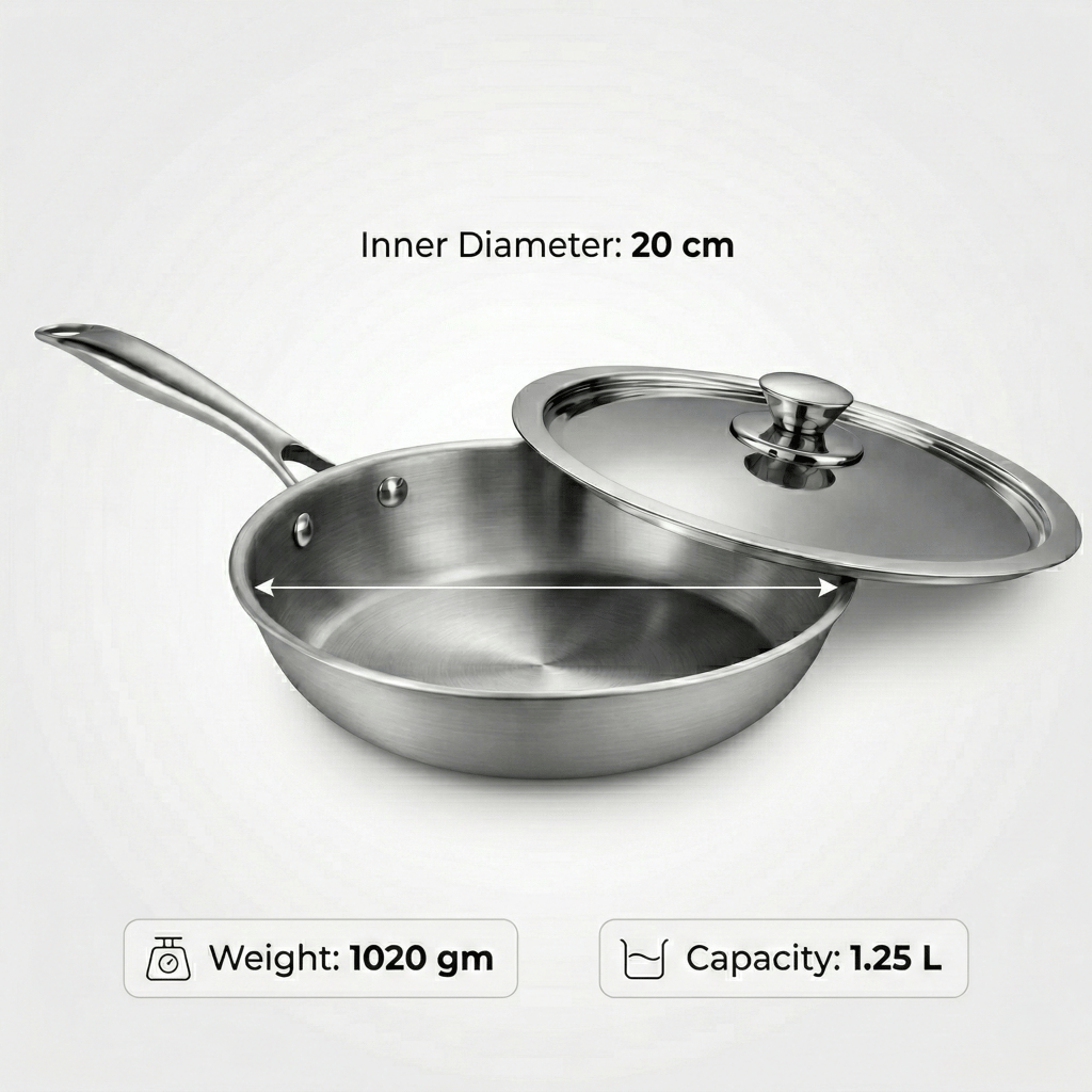WEKTU Triply Stainless Steel Frypan with Stainless Steel Lid– 3-Layer Heavy-Gauge Frying Pan with Riveted Cool Touch Handle | Induction & Gas Compatible Skillet view 2