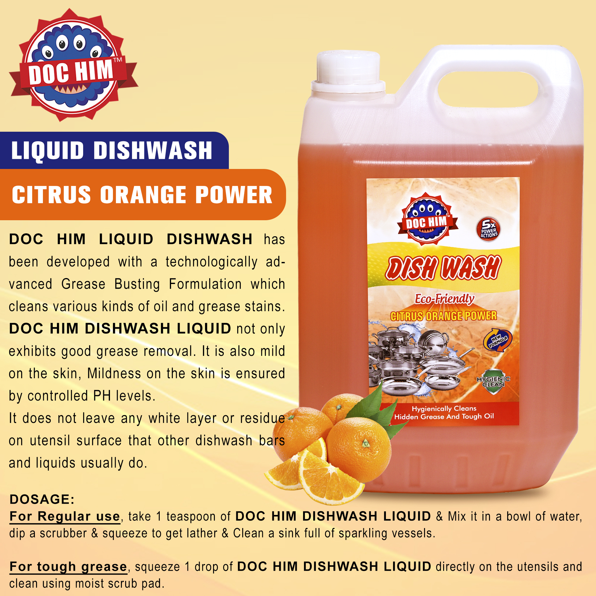 Doc Him Orange Dish Wash Liquid 5 Litre | Heavy-Duty Grease Removal, Bulk Value Pack with Lemon Freshness view 2