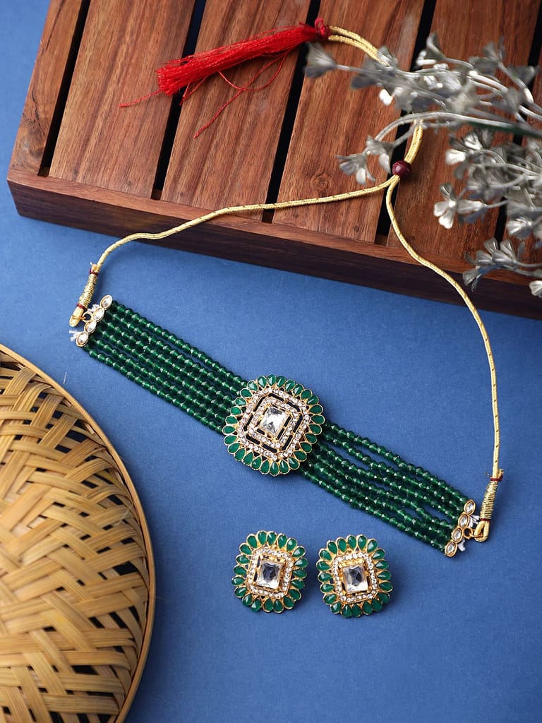 Cardinal Kundan Green Multistring Onyx Brass Choker Necklace Set view 2