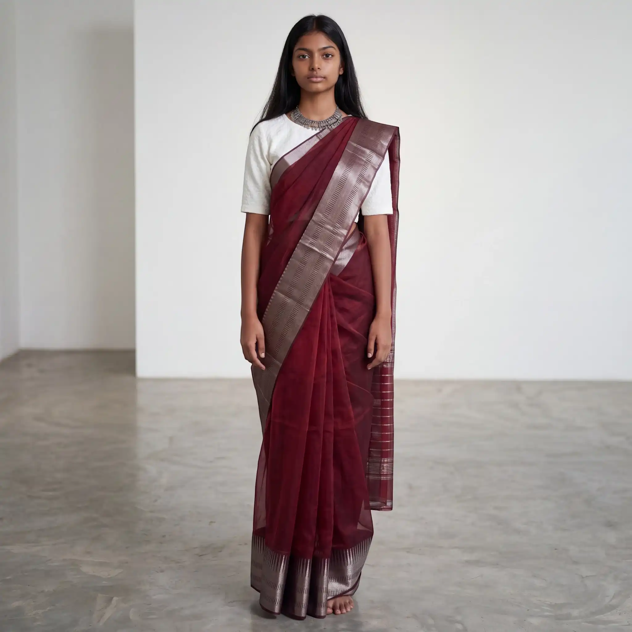 Handwoven Mangalgiri Silk-Cotton Saree in Wine Red with Temple Border