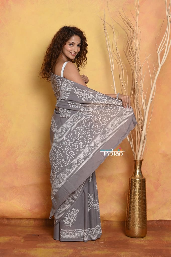 Mastaani ~ Handblock Printed Cotton Saree With Natural Dyes - Grey view 2