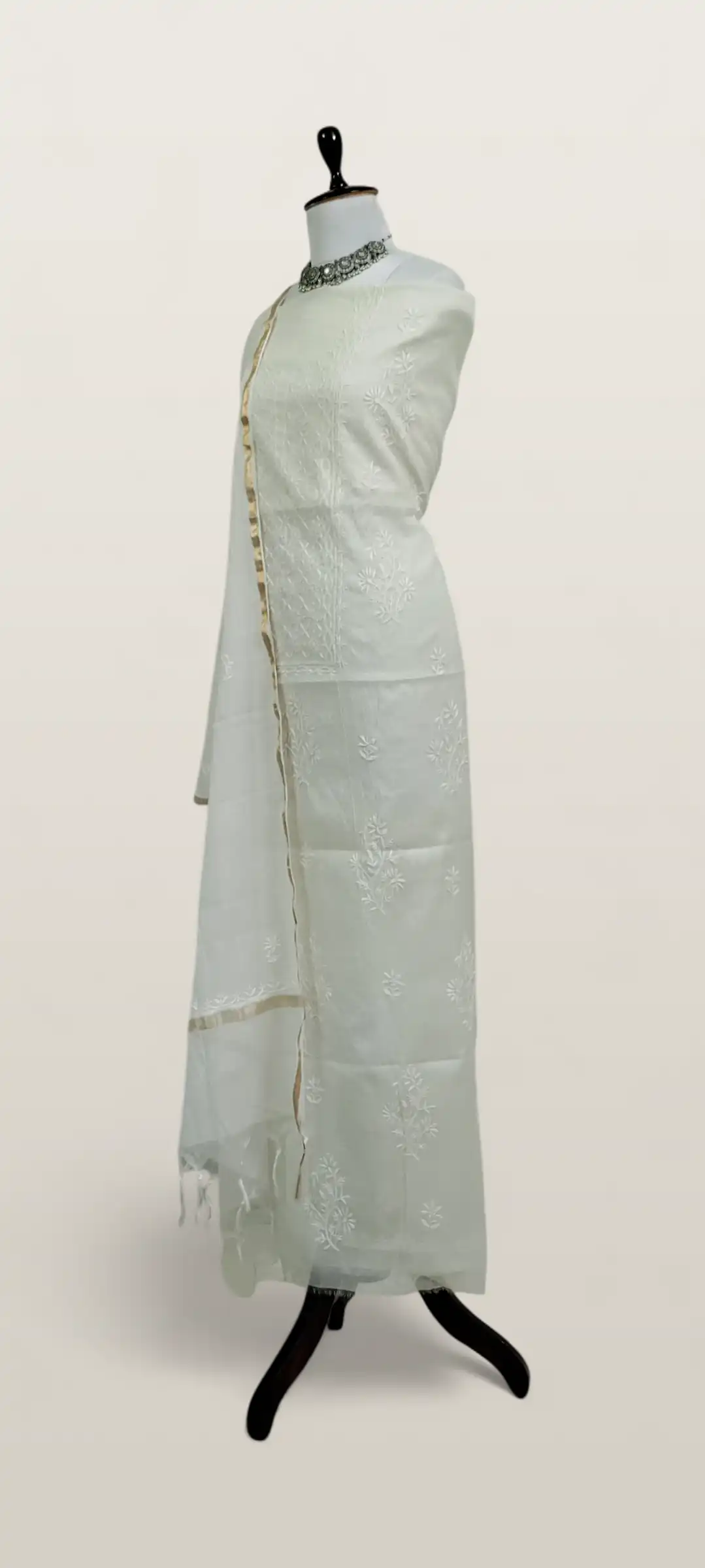 Chikankari Mul Chanderi Dress Material Ivory Floral Yoke view 2