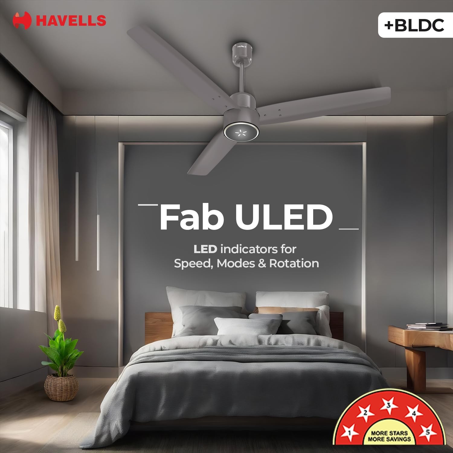 Havells FAB BLDC ULED Ceiling Fan 1200mm, 5 star, LED Speed Indicator, 380 RPM, Up to 65% Savings,Reverse Rotation,4 Speed Modes,Low Wattage 30W, Low Noise,Air Flow:225 CMM, 3 Year Warranty - Stone Grey view 2